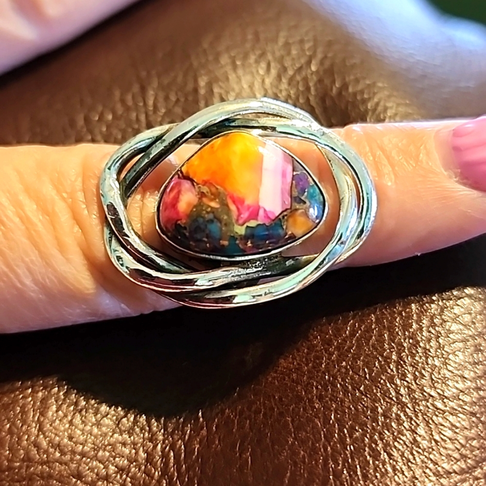 Pink oyster copper and sterling silver ring